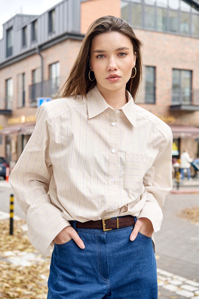 Рубашка с плечом сливочная в полоску
